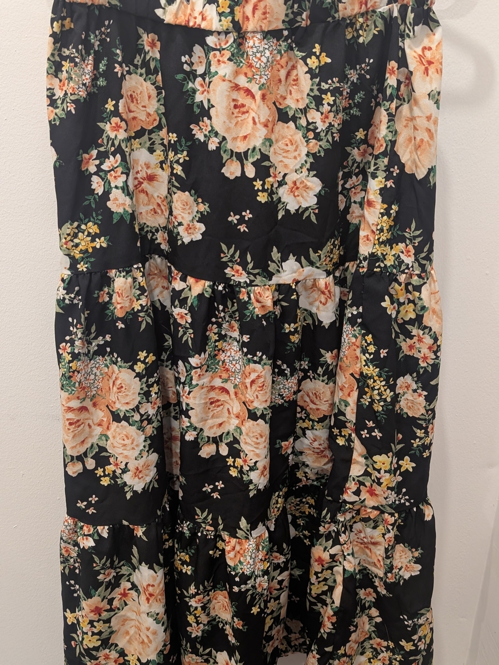 SHEIN Black Floral Tiered Maxi Jumpsuit with Peach Blooms